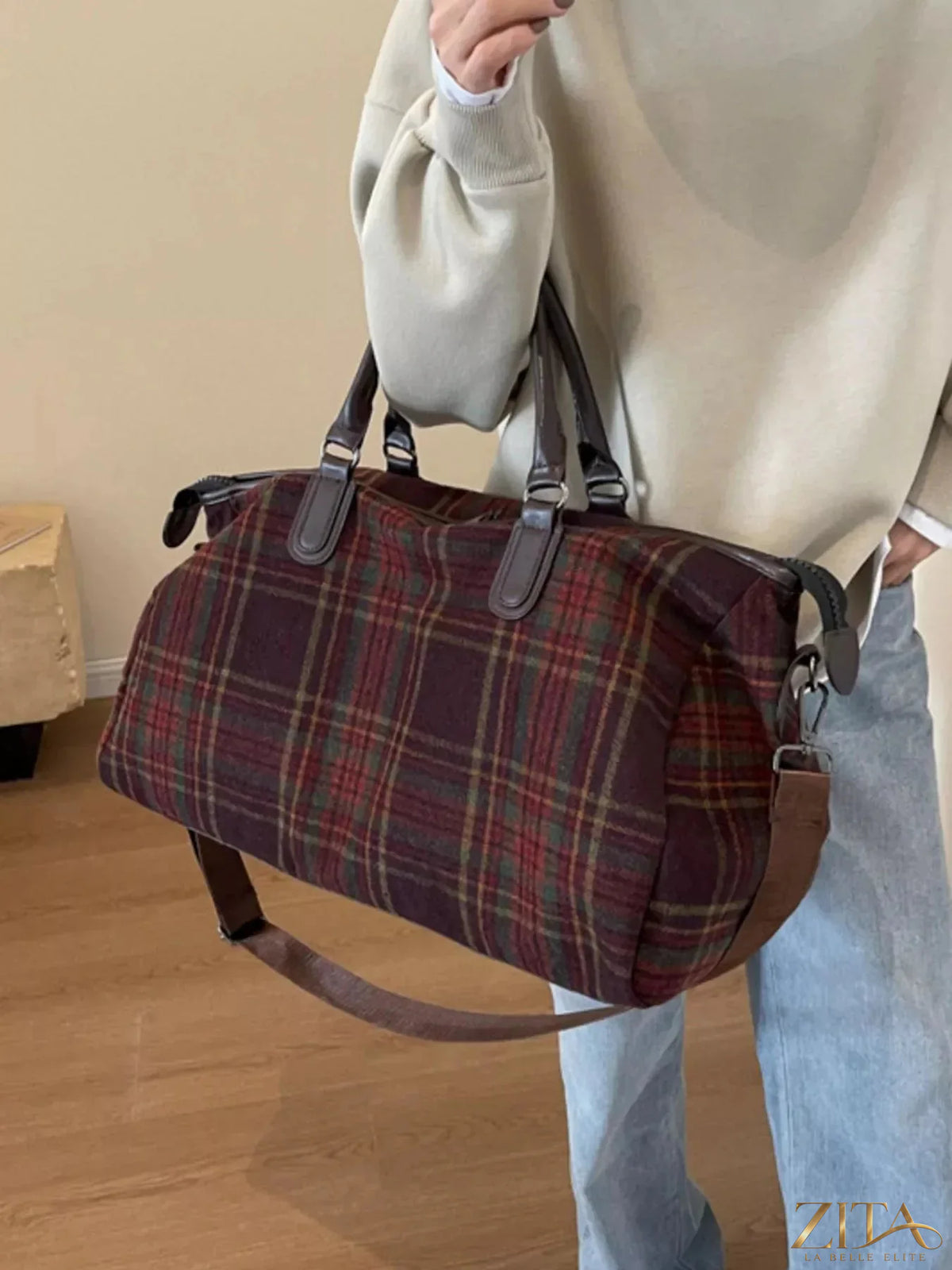 Vintage plaid pattern travel bag by Zita La Belle Elite with sturdy handles and spacious interior for stylish travel accessories.