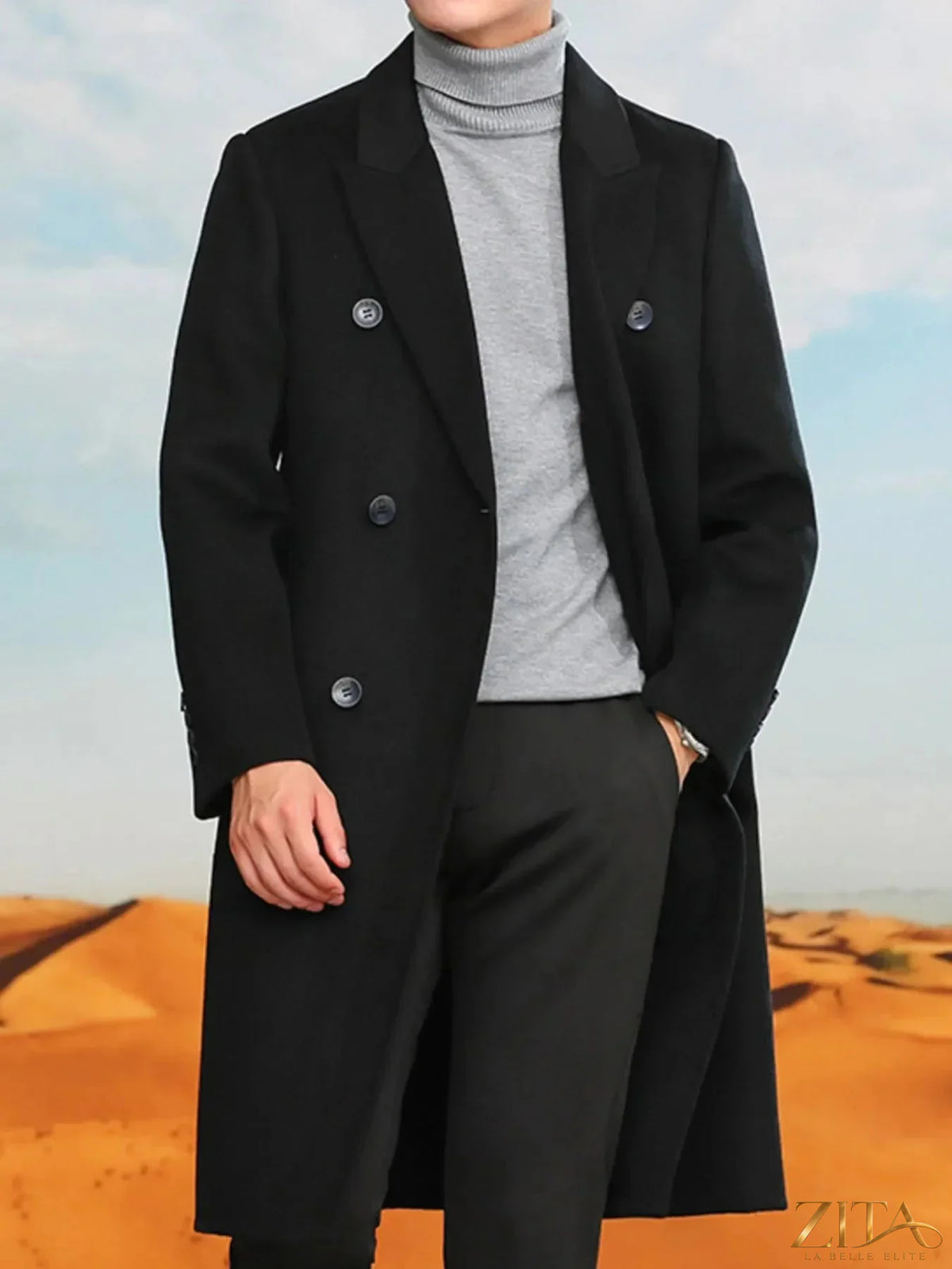Men's plus size double-breasted longline coat by Zita La Belle Elite, shown in a stylish, tailored design with wide lapels and long length
