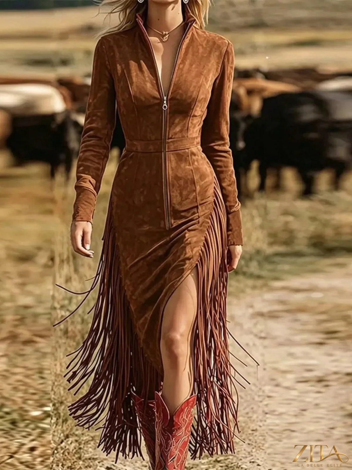 Fringe zip-front midi dress by Trendsi featuring a stylish design with fringe details and a front zipper.