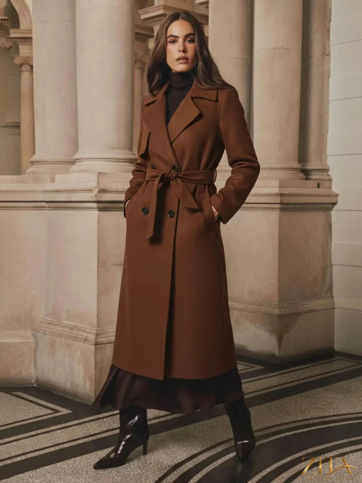 Zita La Belle Elite wool blend coat with lapel collar, belted design, in neutral color, showcasing stylish outerwear for cold weather.