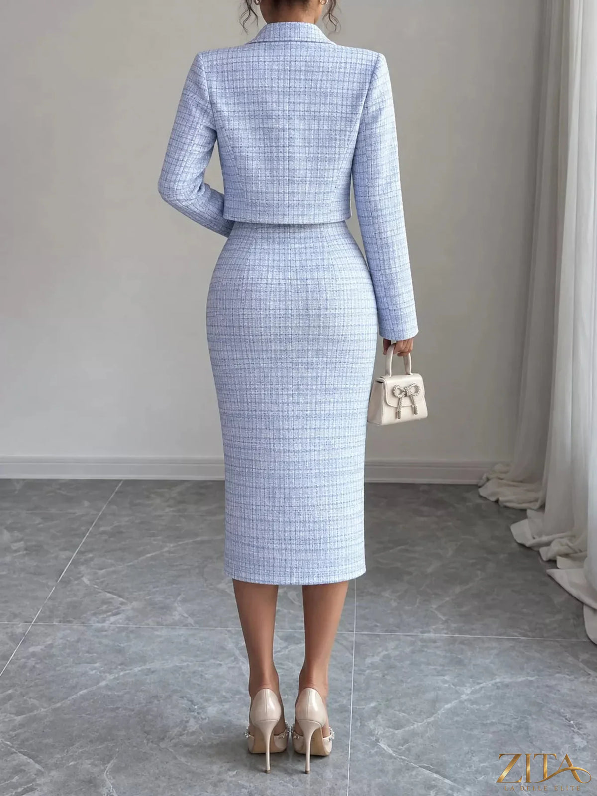 Zita La Belle Elite tweed square neck dress with matching cardigan, stylish and elegant ensemble for casual or formal occasions.
