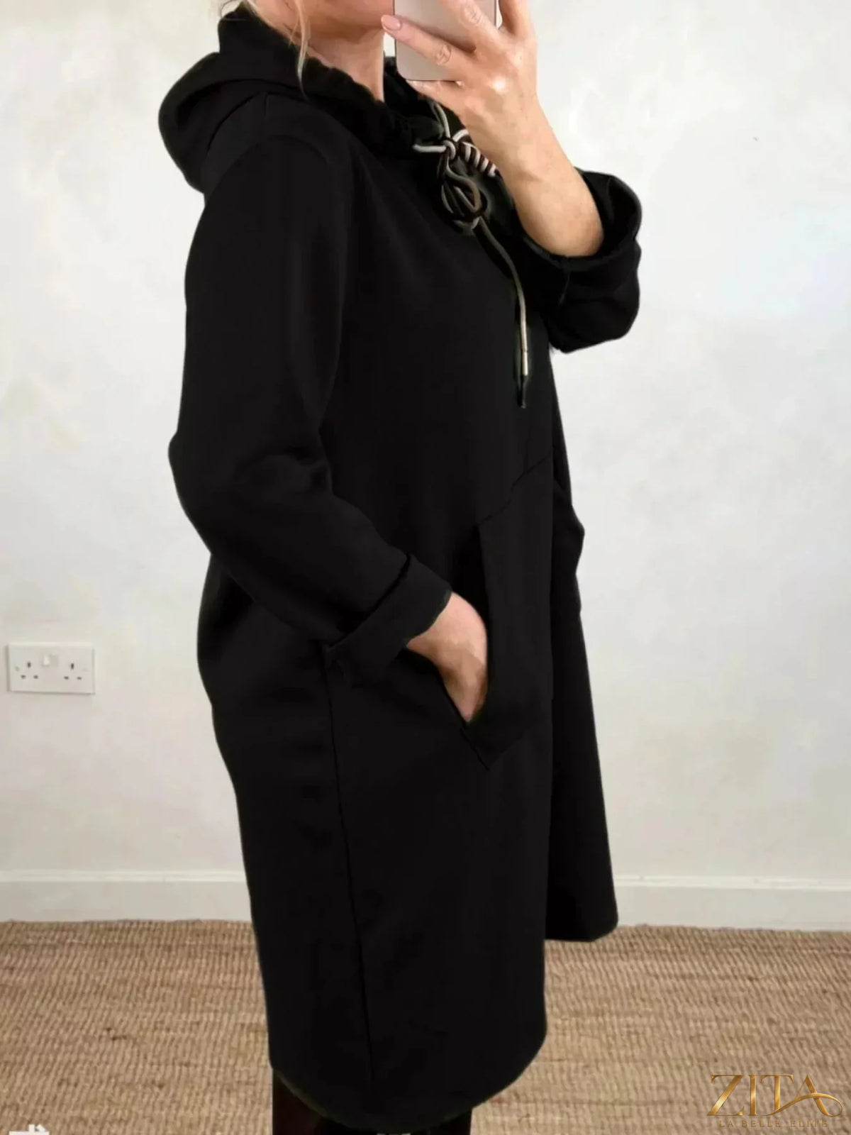 Plus size casual hooded sweatshirt dress with drawstring waist from Zita La Belle Elite, shown in a full front view.