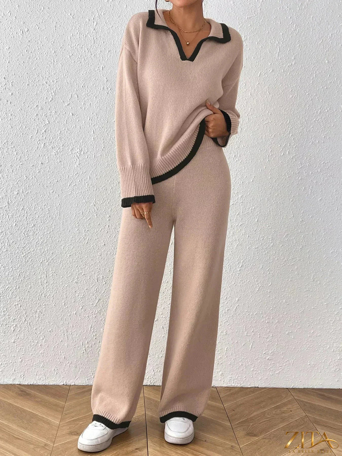 Zita La Belle Elite contrast trim polo collar top and pants sweater set, featuring a stylish coordinated outfit with contrasting accents.