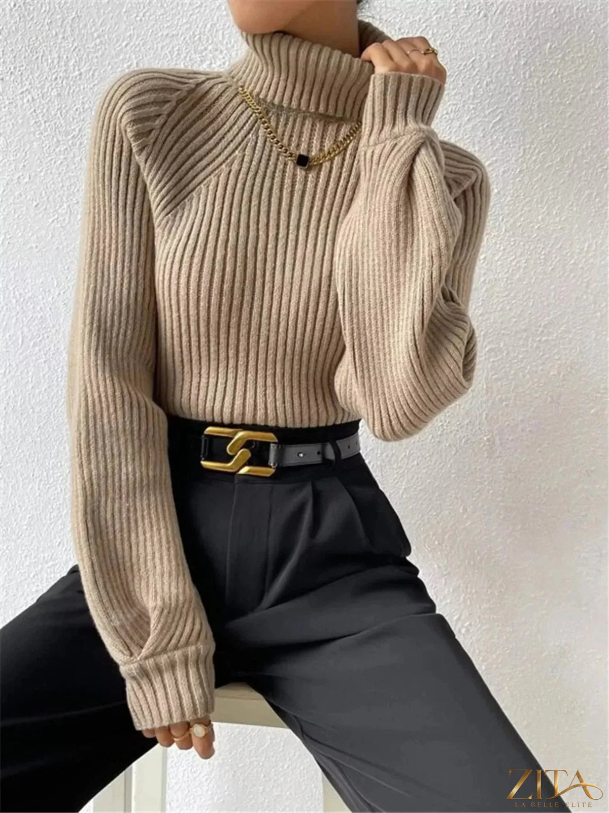 Zita La Belle Elite ribbed knit turtleneck sweater in cozy fabric, featuring a fitted silhouette and classic turtleneck design.