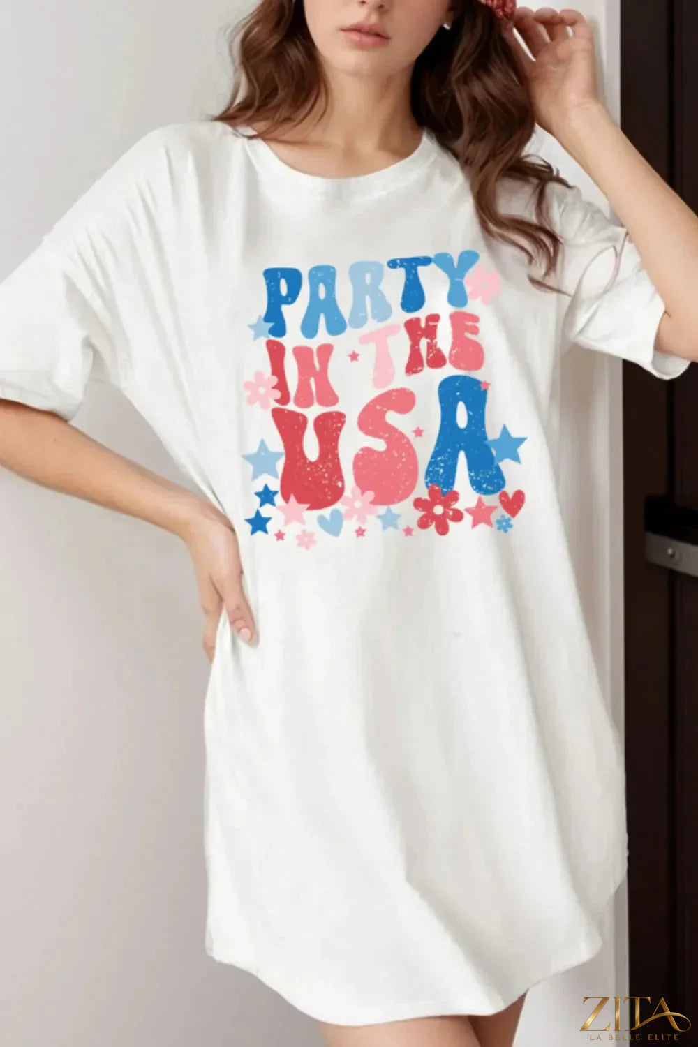 Trendsi PARTY IN THE USA graphic oversized T-shirt featuring bold text and casual fit, perfect for patriotic or fun casual outfits.