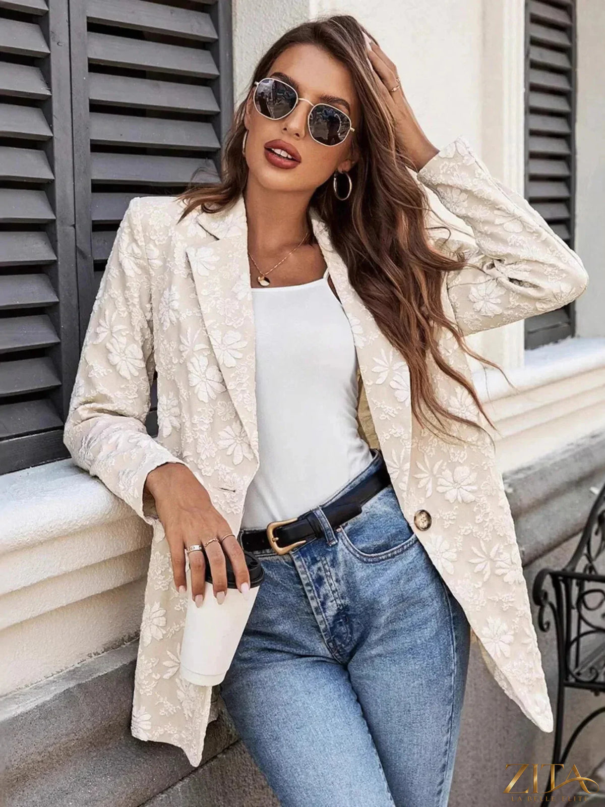 Zita La Belle Elite floral jacquard long sleeve blazer with a single button closure and tailored fit, featuring intricate floral patterns.