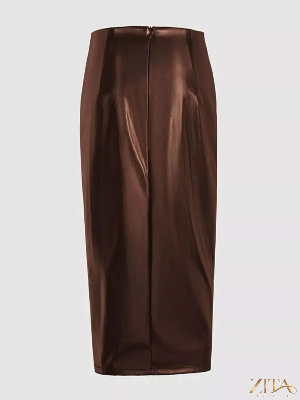 Trendsi ruched slit midi skirt in a stylish design, featuring a flattering fit and elegant length, shown on a model.