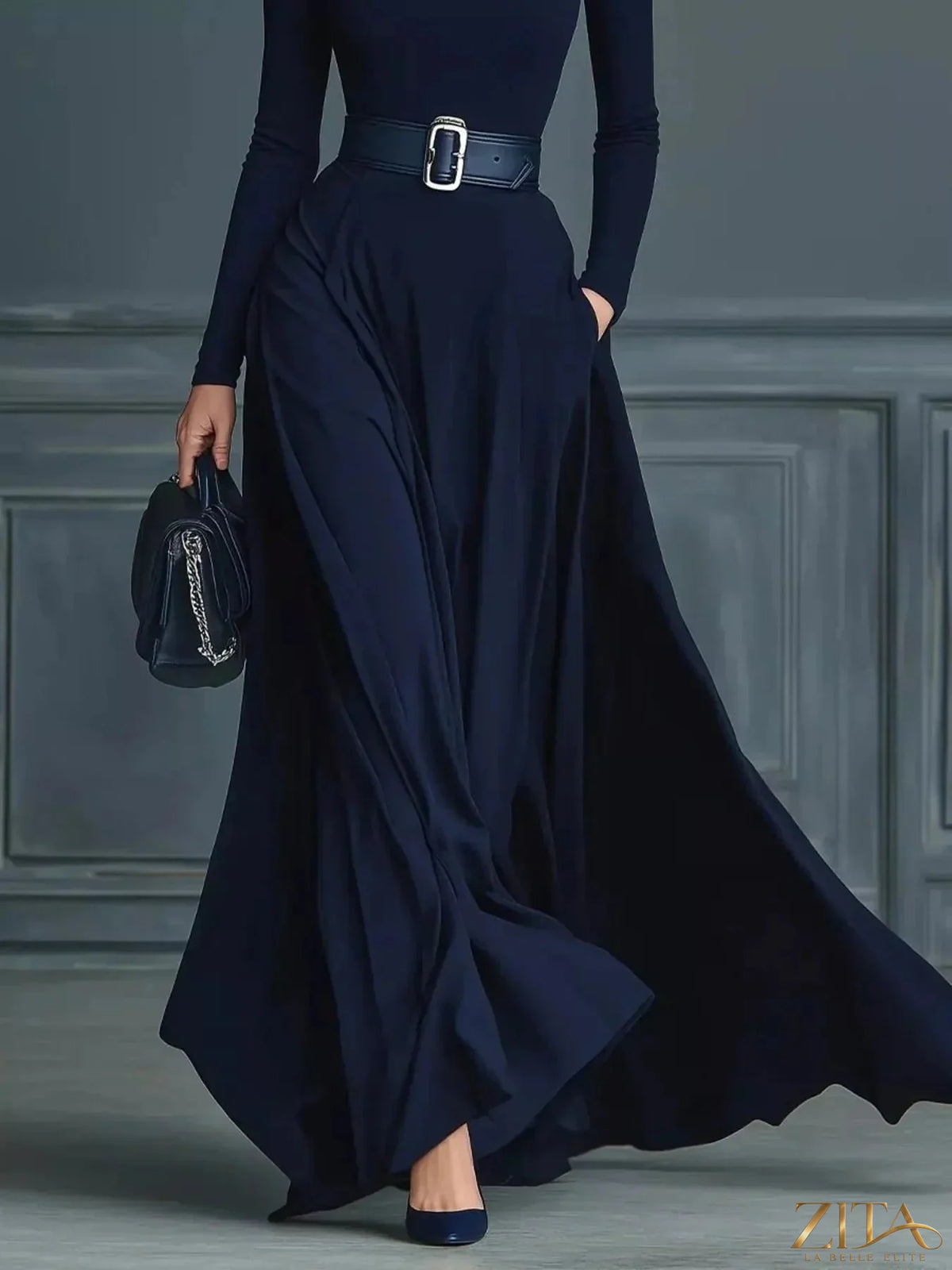 Zita La Belle Elite long sleeve turtleneck maxi dress in a flowing fabric, shown in a full-length view.