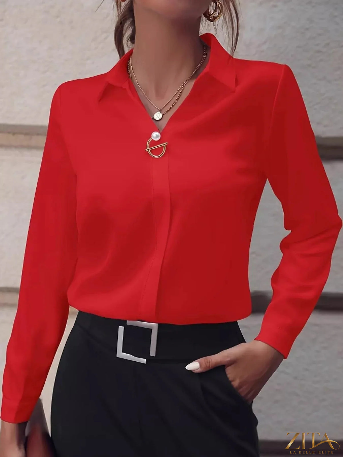 Zita La Belle Elite long sleeve satin blouse in deep burgundy, featuring a smooth, shiny fabric and elegant collar detail.