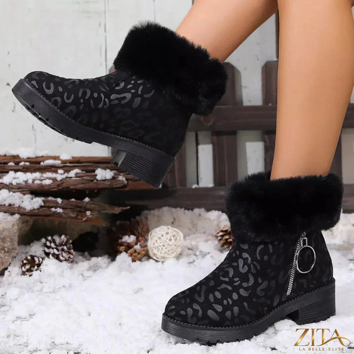 Zita La Belle Elite fuzzy cuff leopard print ankle boots with plush interior and stylish design, perfect for trendy fall outfits.