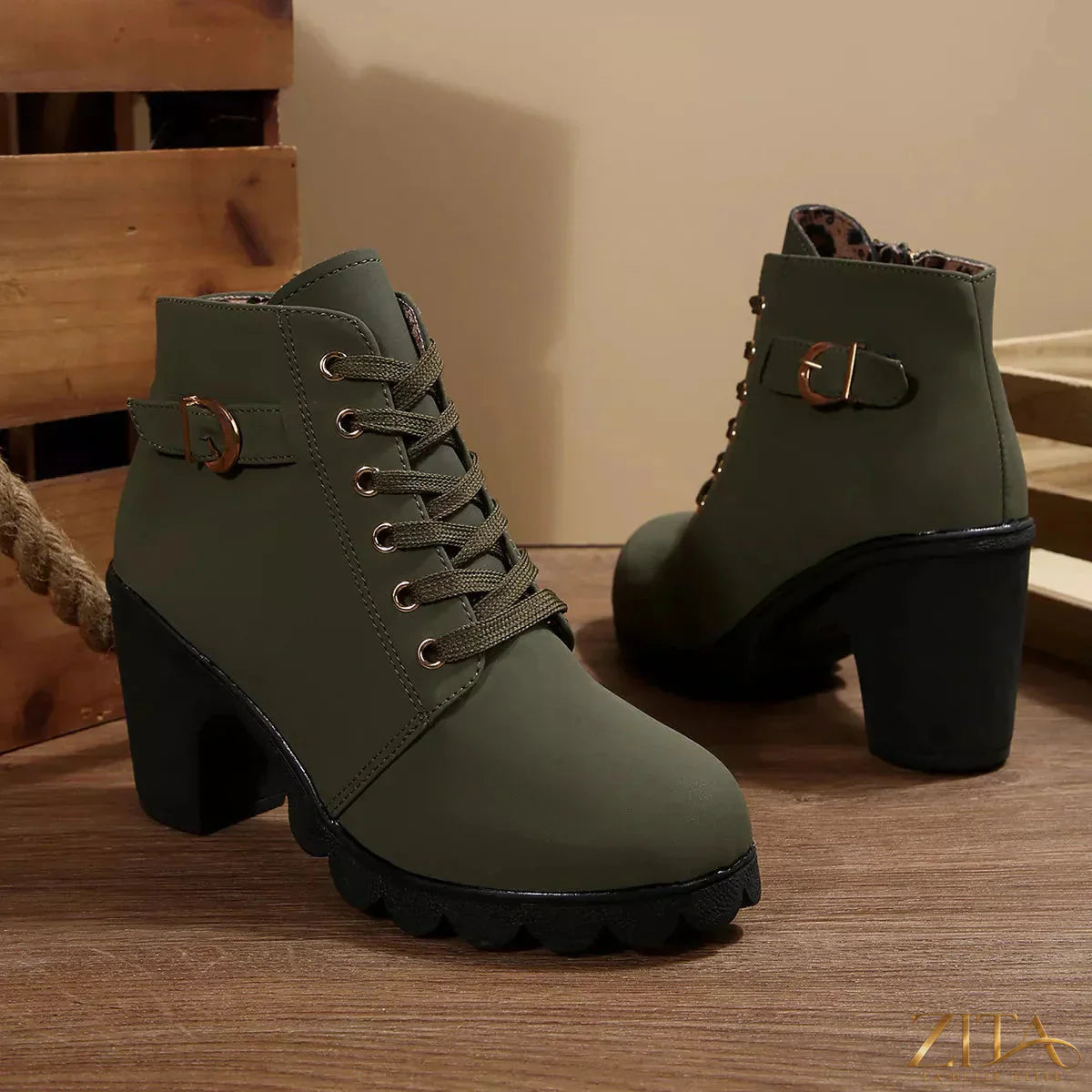 Zita La Belle Elite lace-up buckle chunky heel ankle boots with thick soles and stylish design, perfect for trendy fall outfits.