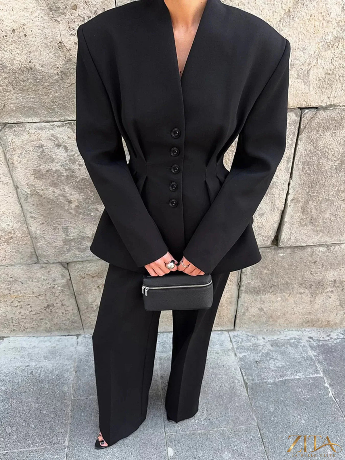 Zita La Belle Elite chic button-down pleated blazer and wide-leg pants suit set, stylish formal women's fashion ensemble.