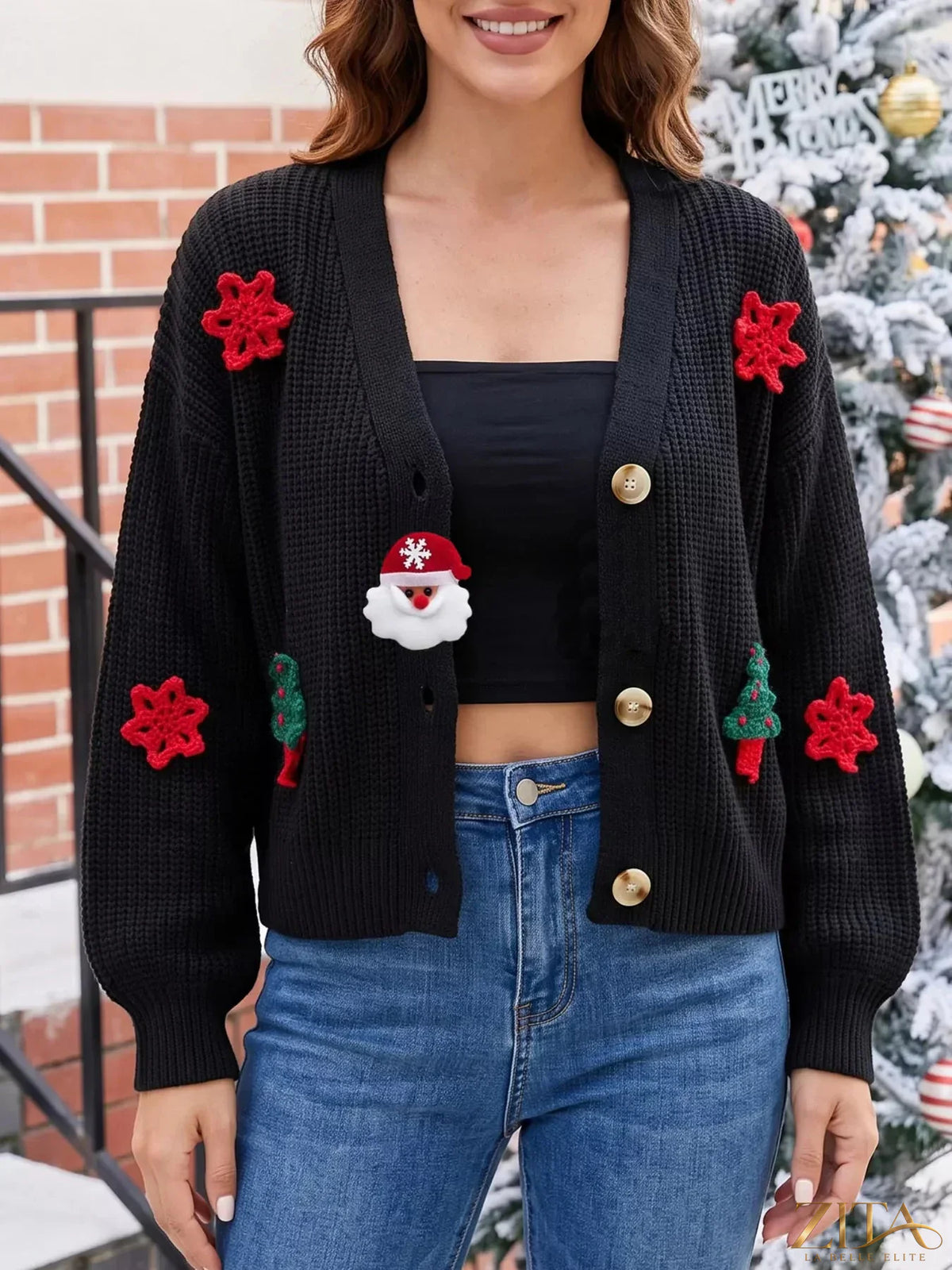 Zita La Belle Elite festive Christmas applique V-neck knit cardigan with colorful holiday holiday designs and cozy knit fabric