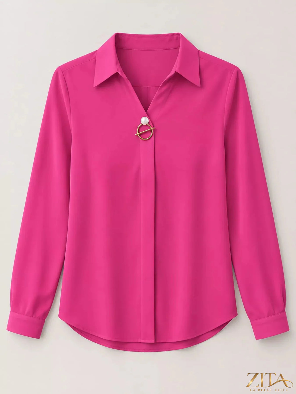 Zita La Belle Elite long sleeve satin blouse in elegant, smooth fabric with a classic collar and button-front design.