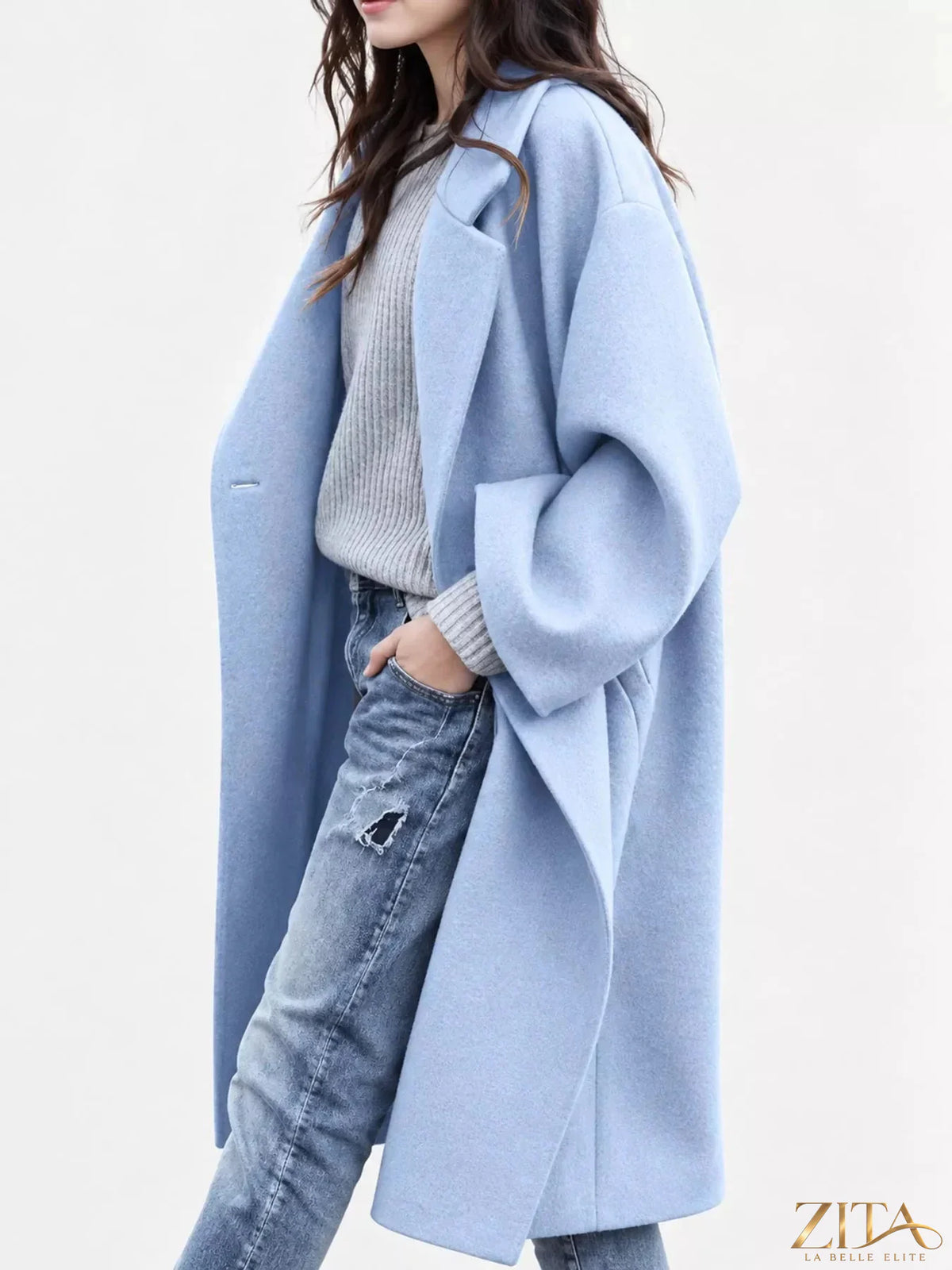 Plus size Zita La Belle Elite coat with lapel collar and single button closure, full-length design and stylish fit.