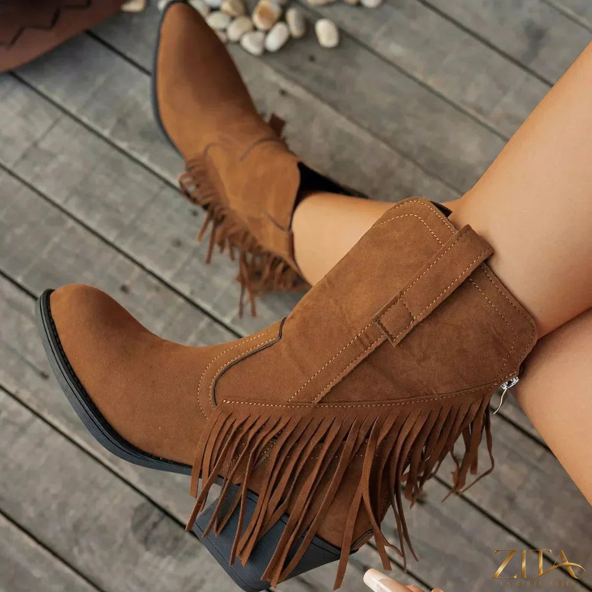 Zita La Belle Elite fringe block heel ankle boots with stylish design and ankle-length fit, featuring decorative fringe details.