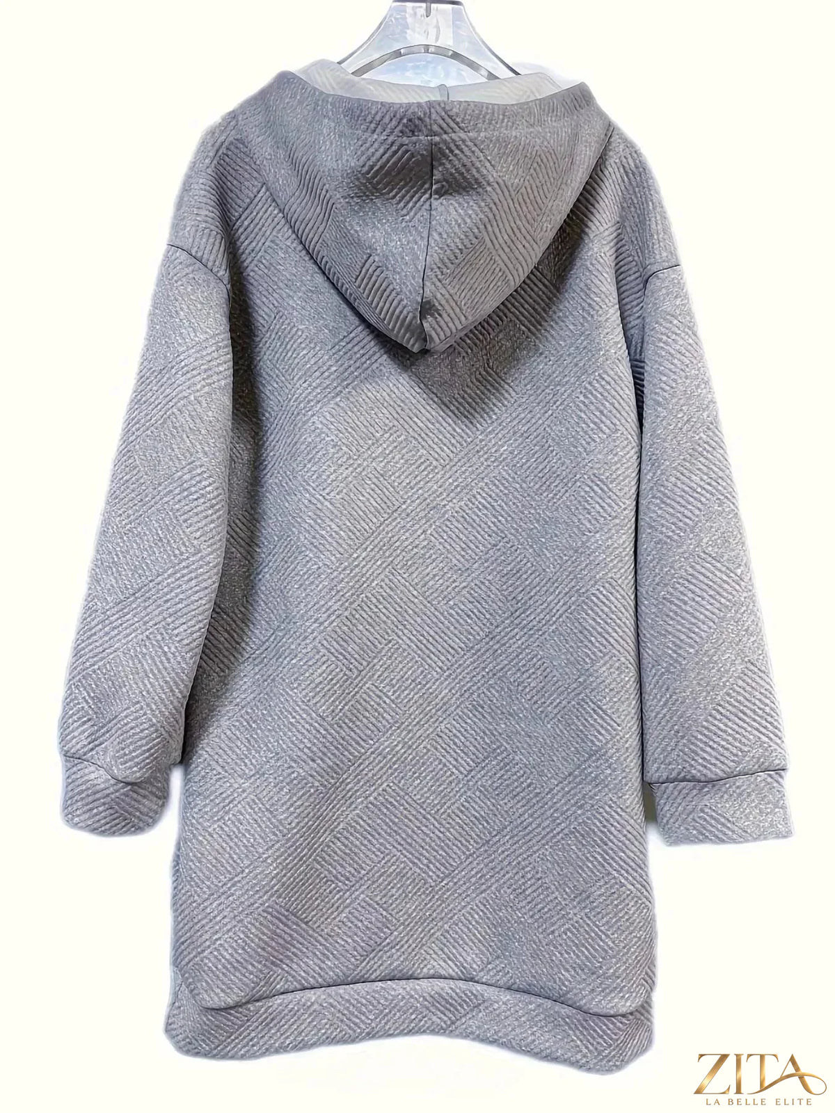 Casual textured hooded sweatshirt dress by Zita La Belle Elite, featuring a relaxed fit and soft fabric with a hood and long sleeves.