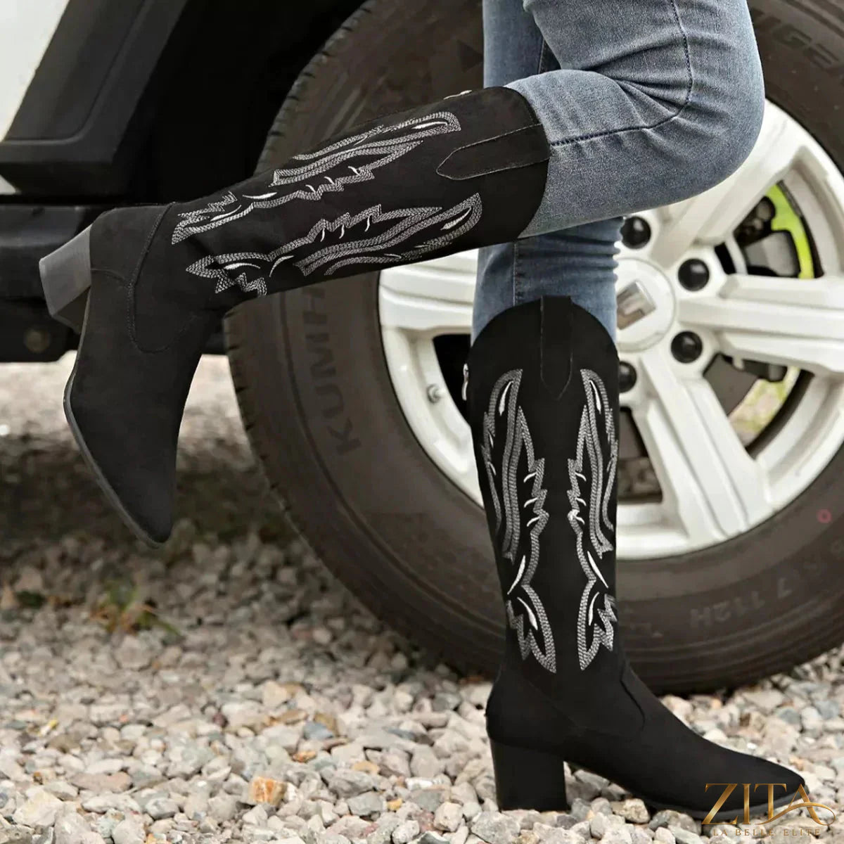 Zita La Belle Elite point toe block heel boots in black leather with sleek silhouette and sturdy heel, stylish and sophisticated footwear.