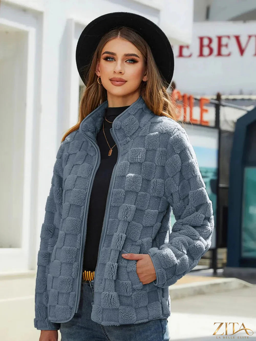 Zita La Belle Elite fuzzy checkered zip-up jacket with soft texture and stylish pattern, ideal for casual wear.