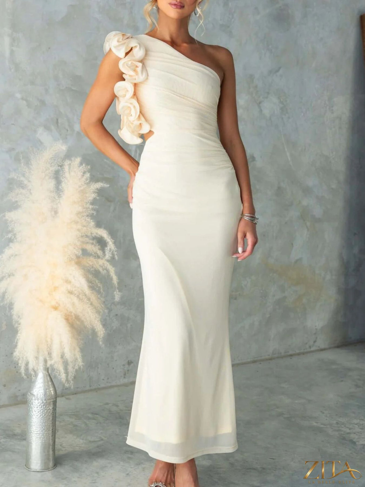 Zita La Belle Elite One-Shoulder floral trim sleeveless maxi dress with flowing fabric and elegant design.