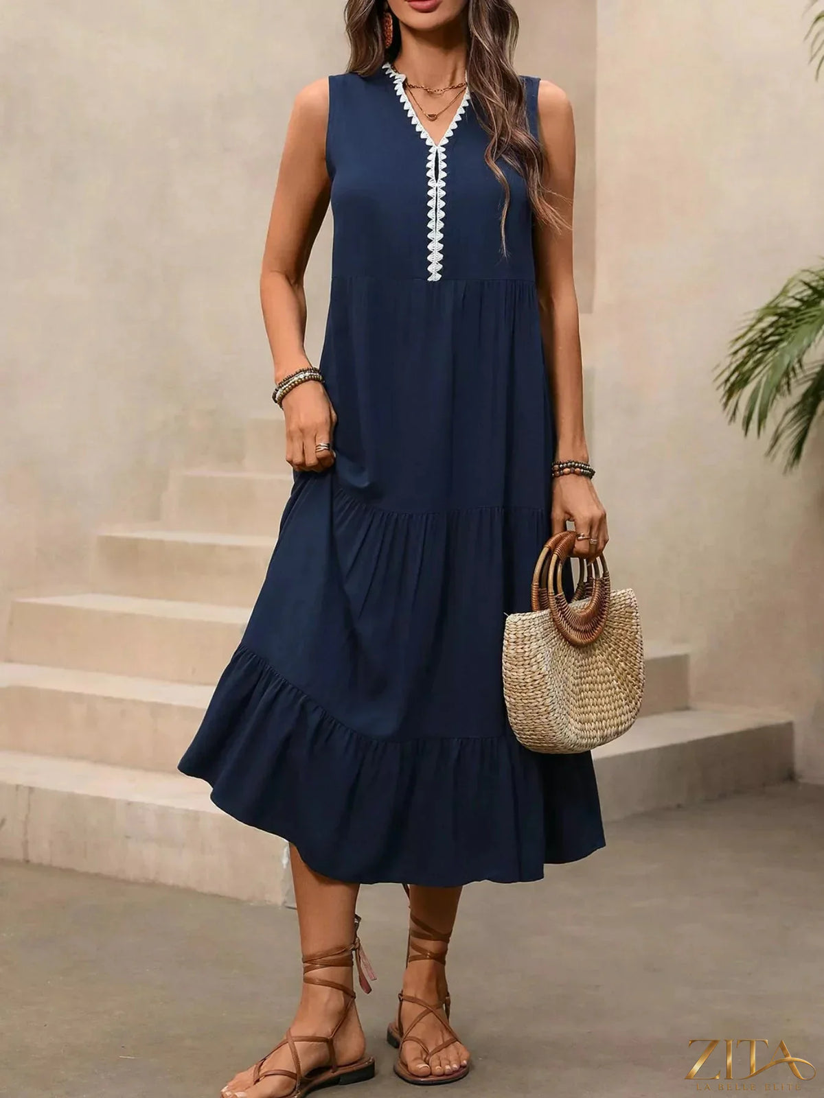 Zita La Belle Elite sleeveless tiered ruffle hem casual dress with a flowy, layered design perfect for warm weather.