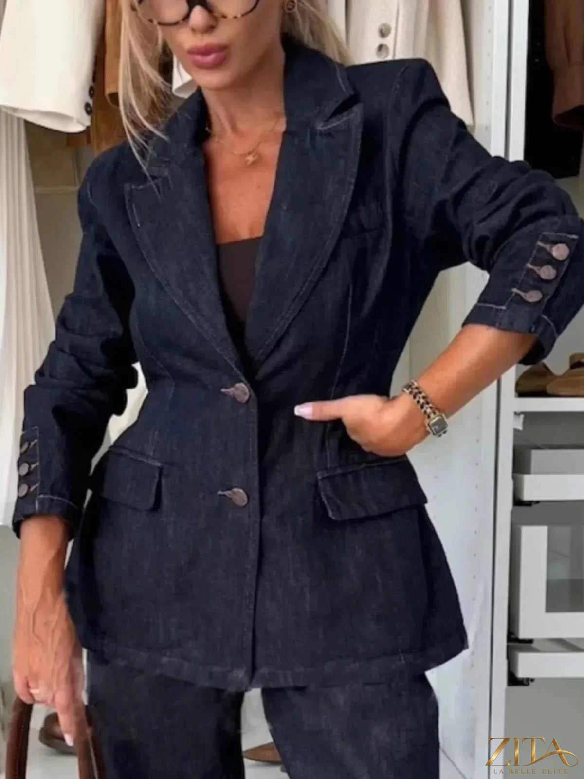 Zita La Belle Elite single-breasted washed denim blazer, tailored fit with lapel collar and front button closure.