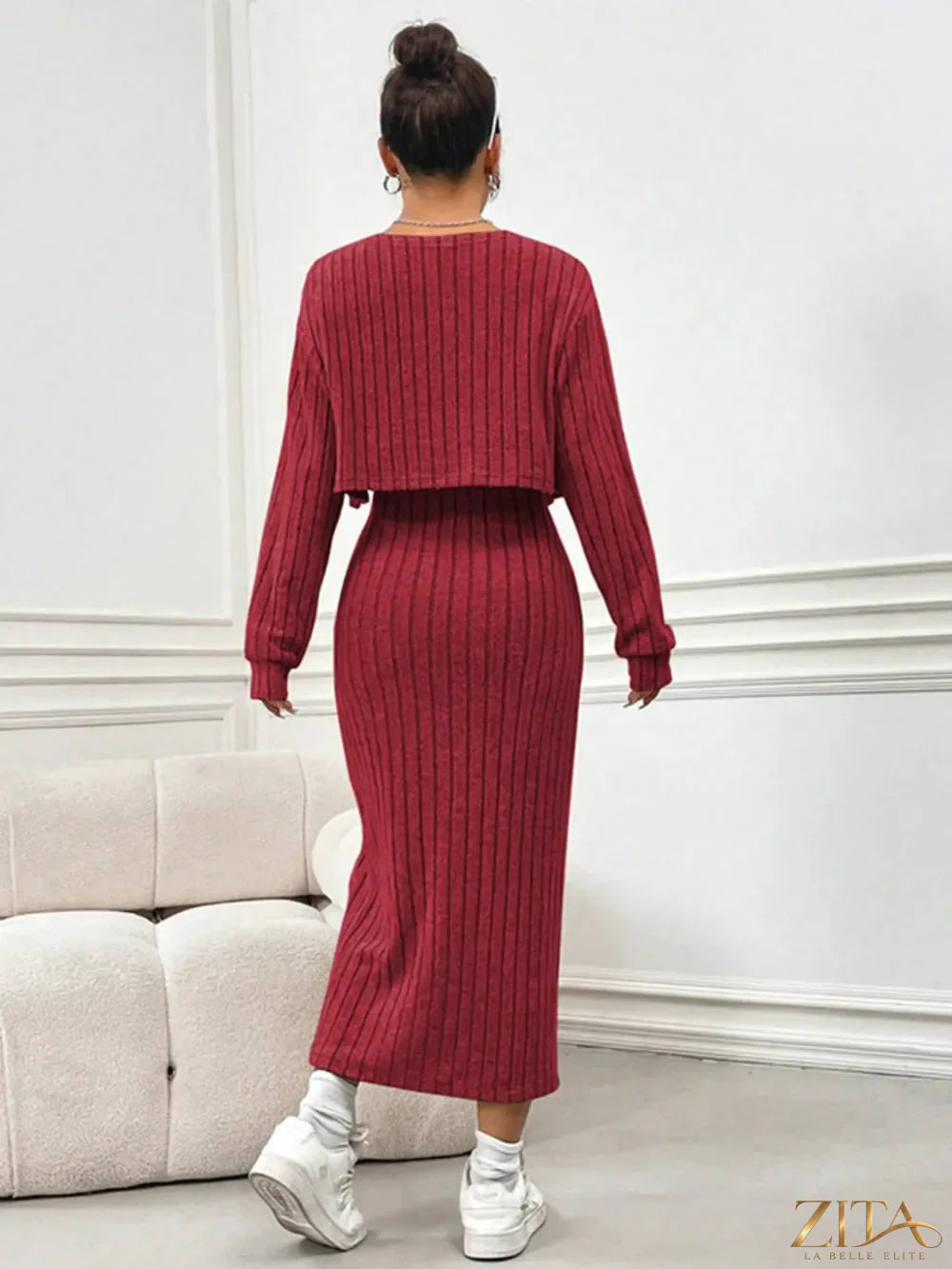 Zita La Belle Elite ribbed long sleeve cropped cardigan and slit cami dress set displayed on a model in a stylish fashion setting.
