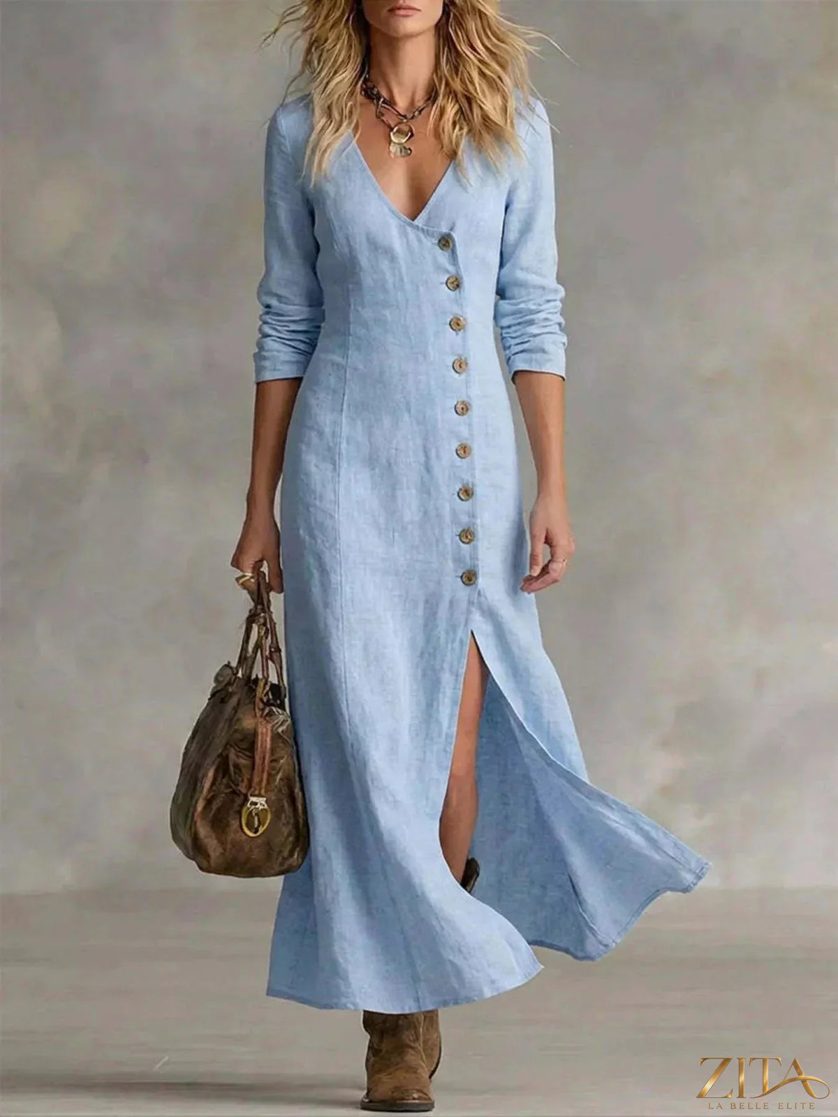 Zita La Belle Elite slit button-down midi dress in flowing fabric, featuring a stylish front slit and classic collar design.