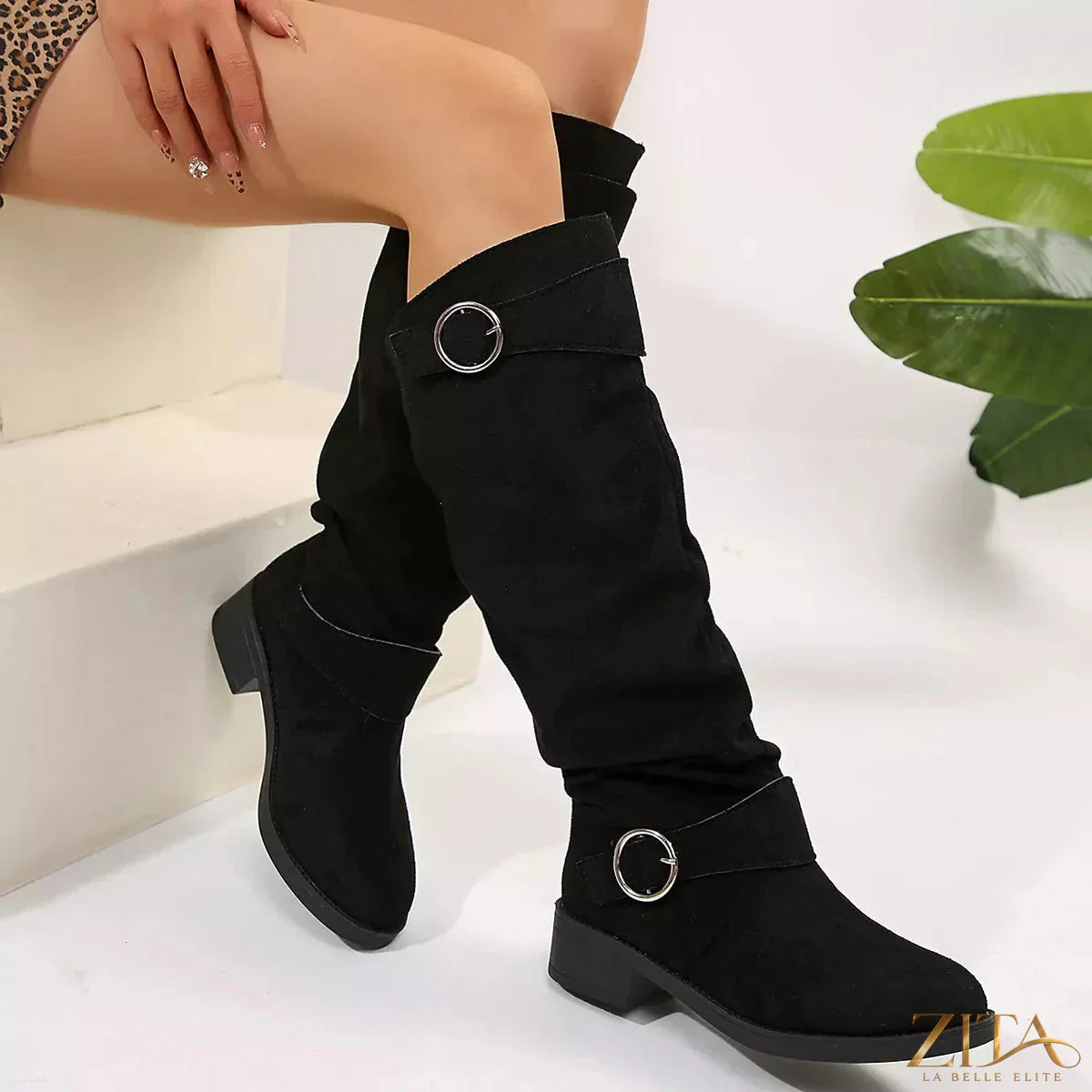 Zita La Belle Elite block heel boots with buckle detail, black leather ankle boots with stylish strap accents.