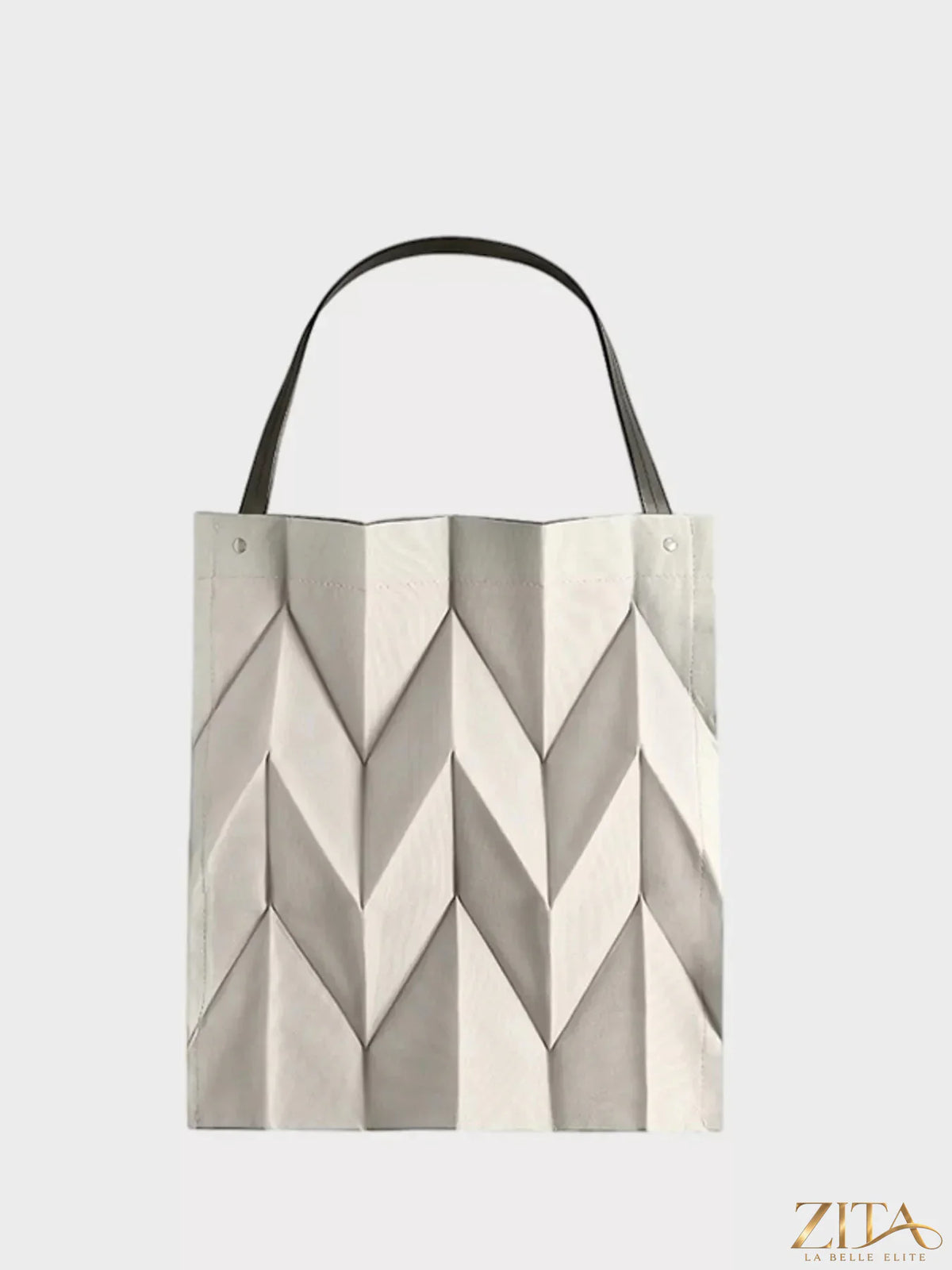Zita La Belle Elite minimalist geometric pleated tote handbag with structured design and top handles, in neutral tones.