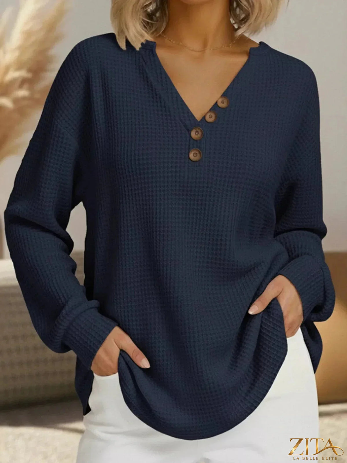 Plus size Zita La Belle Elite waffle knit V-neck long sleeve casual T-shirt, full size, soft fabric, and comfortable fit.