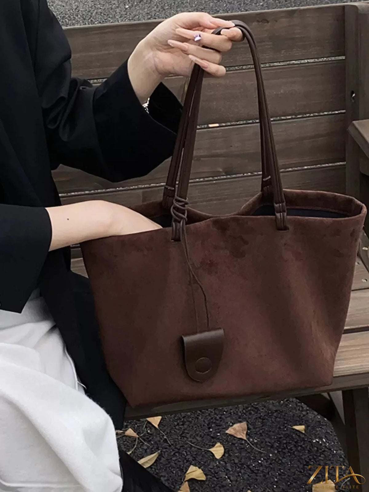 Zita La Belle Elite classic suede tote bag with sturdy handles and minimalist design, shown in a neutral color.