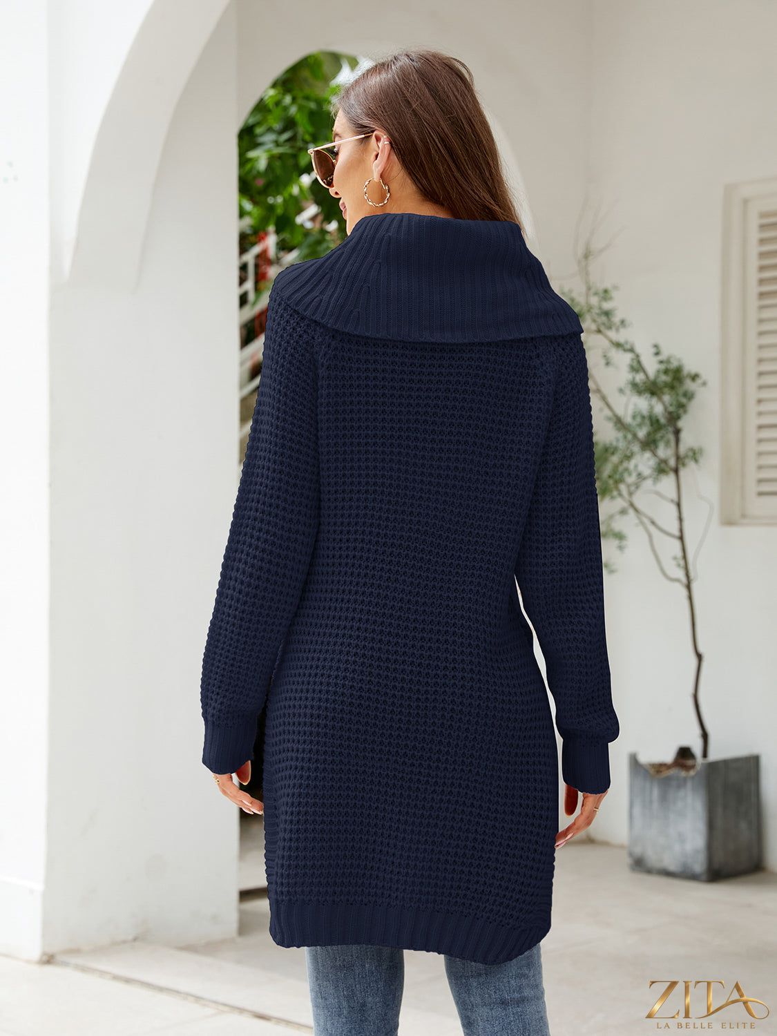 Waffle-knit turtleneck sweater dress with slit detail, stylish and cozy, in a trendy design by Trendsi.