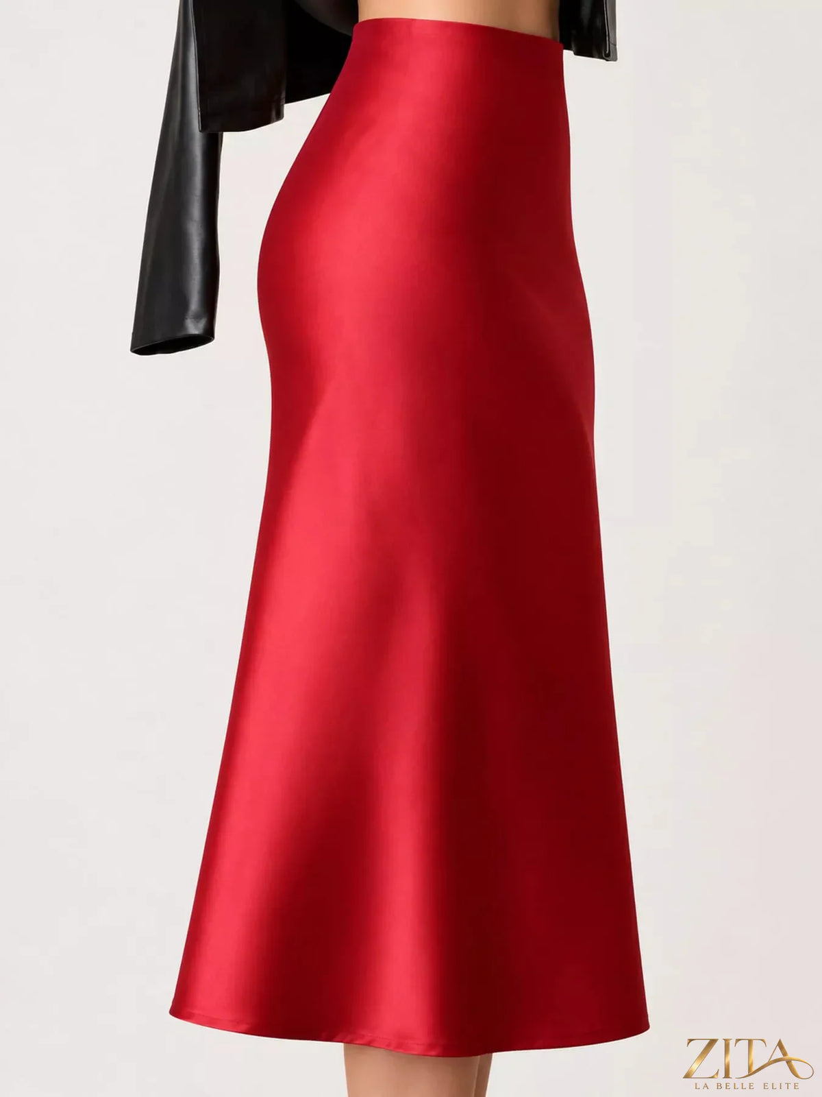 High-waisted satin midi skirt by Trendsi featuring a smooth, shiny fabric and elegant mid-length design.