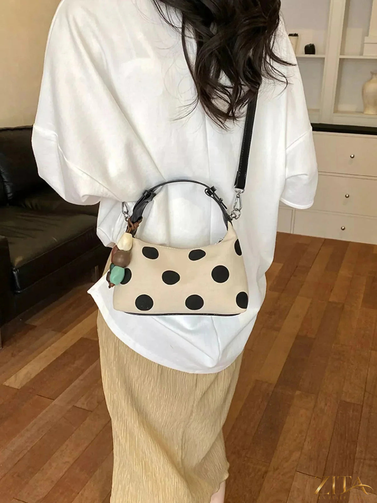 Zita La Belle Elite polka dot PU leather handbag with top handle and gold-tone hardware, stylish accessory for everyday use