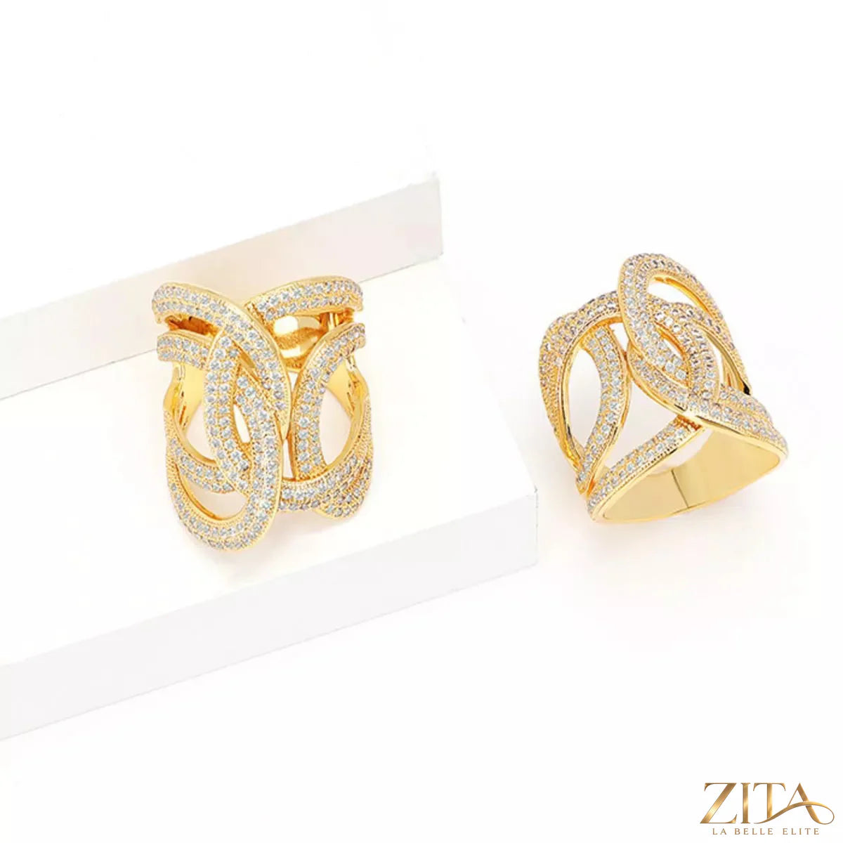 18K gold-plated zircon interwoven ring by Zita La Belle Elite, featuring a detailed design with sparkling zircon stones.