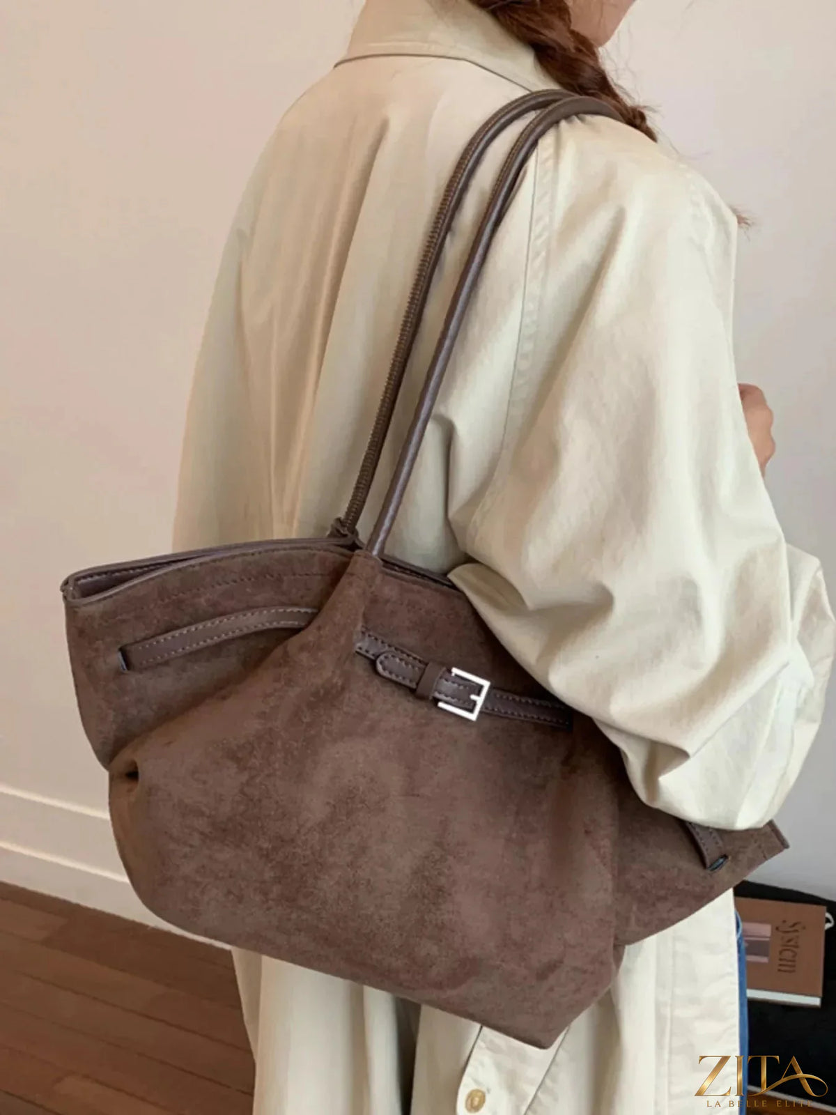Solid color buckle tote bag by Zita La Belle Elite featuring a stylish design and sturdy handles, ideal for everyday use.
