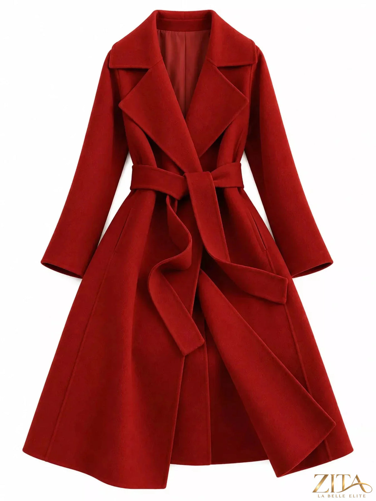 Longline wool coat with waist-defining belt by Zita La Belle Elite, featuring a sleek design and classic style.