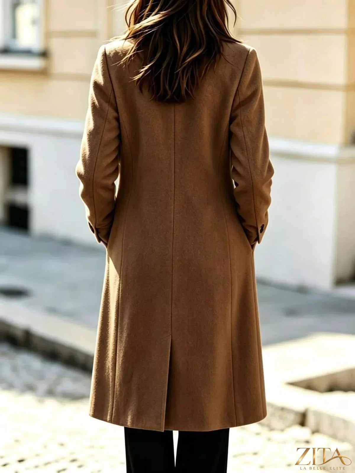 Zita La Belle Elite double-breasted coat with lapel collar, stylish winter outerwear, shown in a high-quality image.