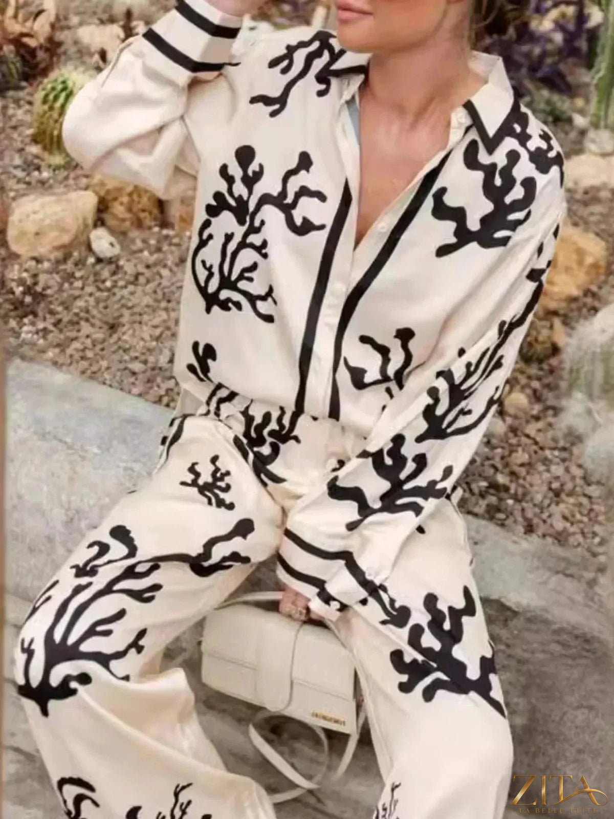 Printed long sleeve shirt and pants set by Zita La Belle Elite featuring a stylish pattern and comfortable fit.
