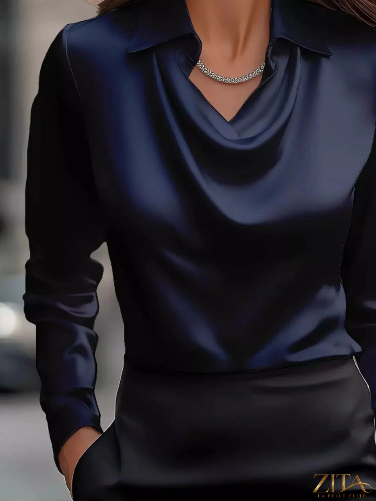 Full size satin cowl neck long sleeve blouse by Zita La Belle Elite, featuring a flowing fit and elegant design.