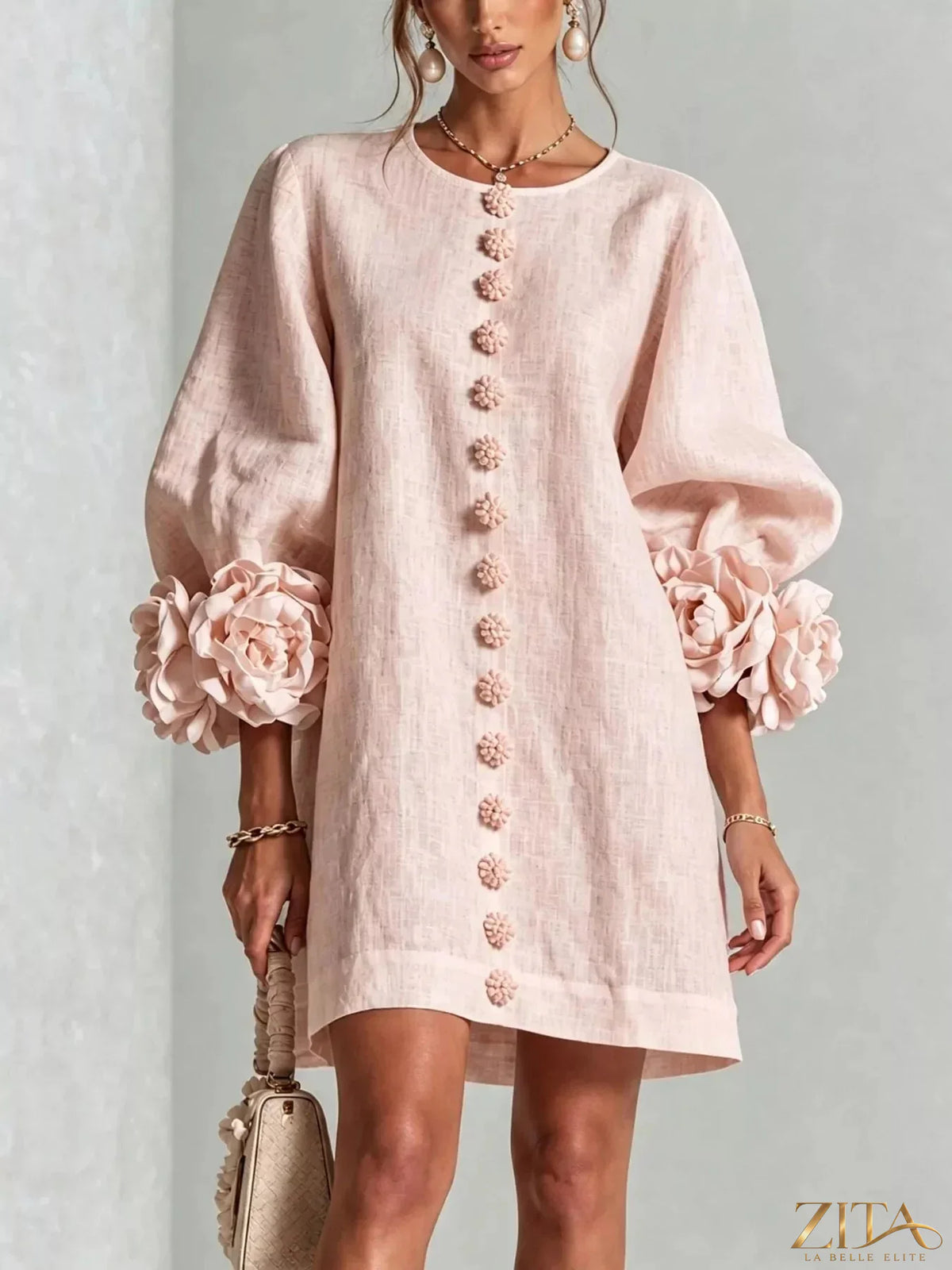 Plus size Zita La Belle Elite 3D floral round neck mini dress with full-size fit and vibrant floral pattern.