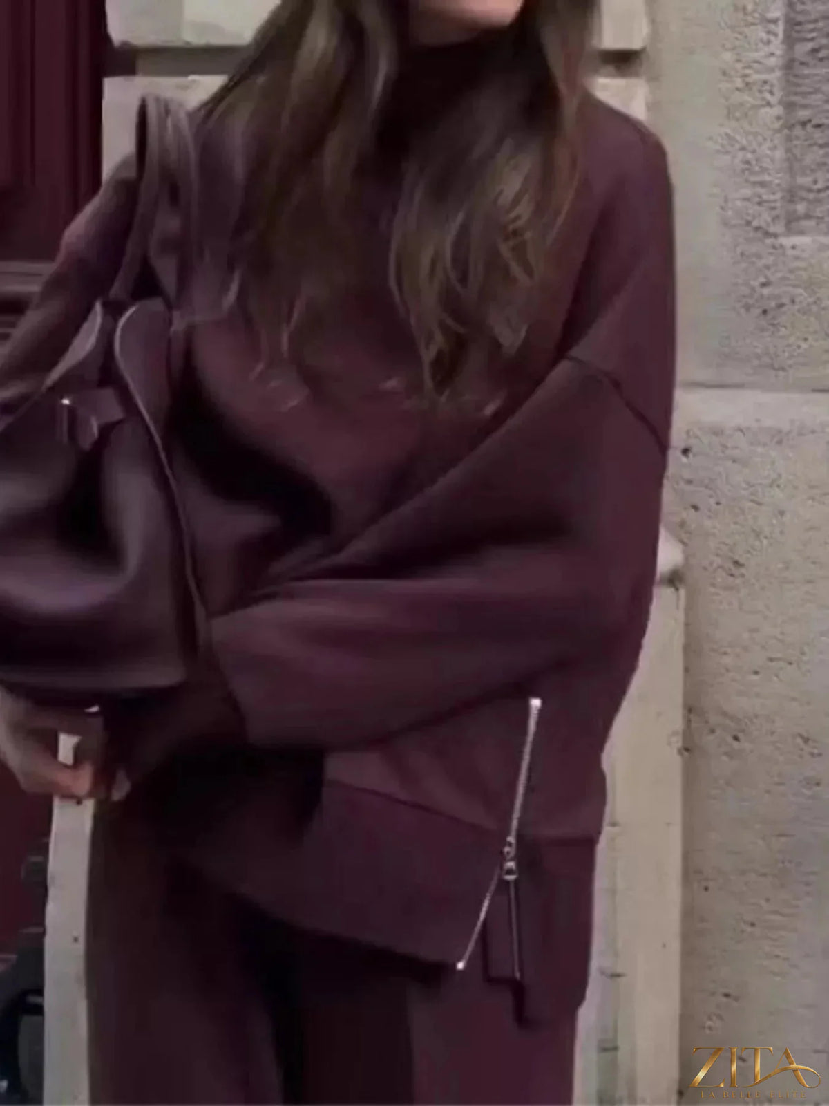 Zita La Belle Elite turtleneck sweatshirt and pants set with side zippers, in a stylish, comfortable matching outfit.