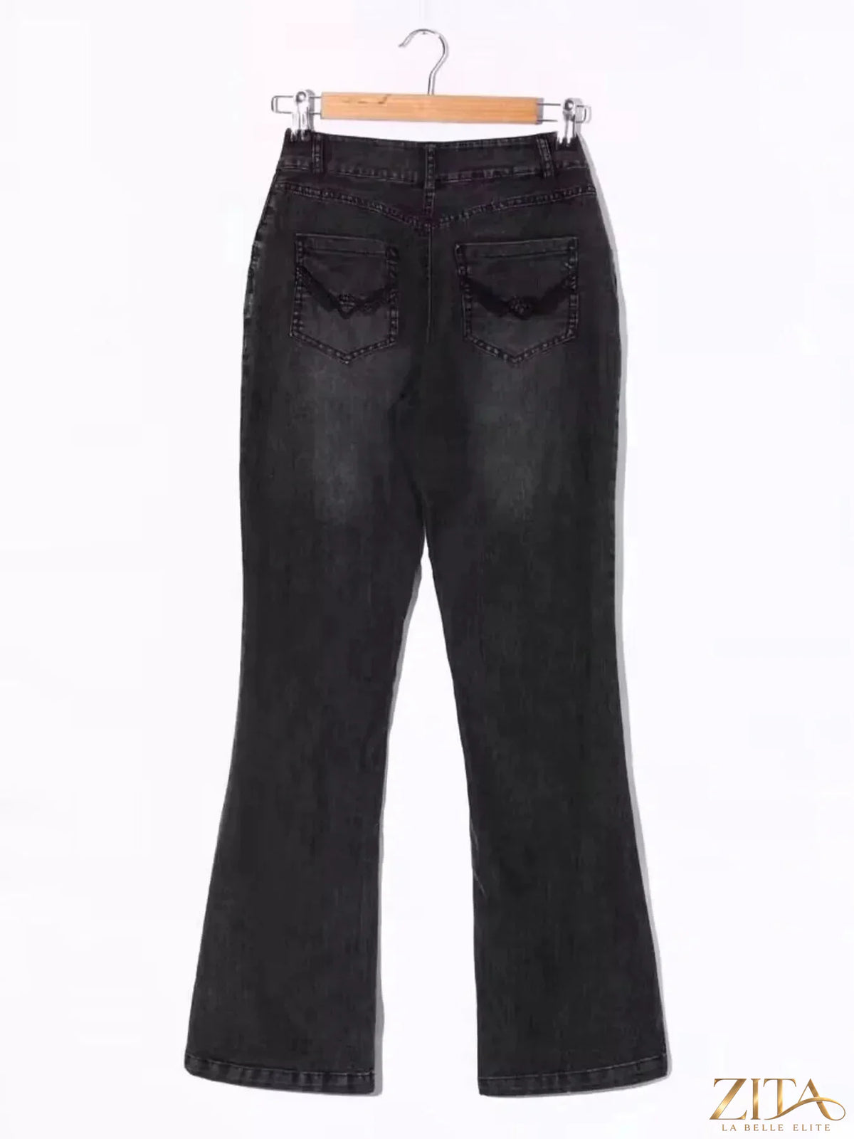 Zita La Belle Elite mid-rise bootcut jeans with classic denim wash and subtle fading, shown on a model.