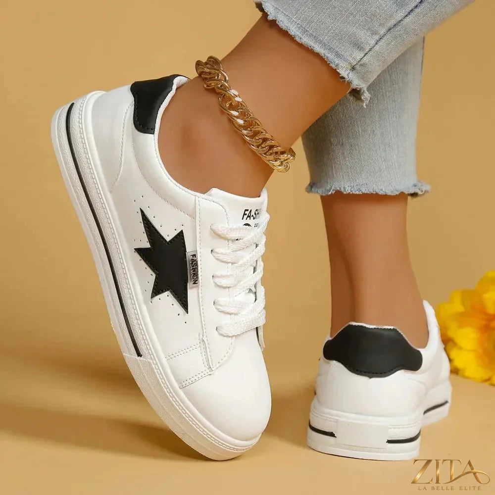 Zita La Belle Elite star round toe lace-up sneakers with white and navy design, featuring star details and durable rubber soles.