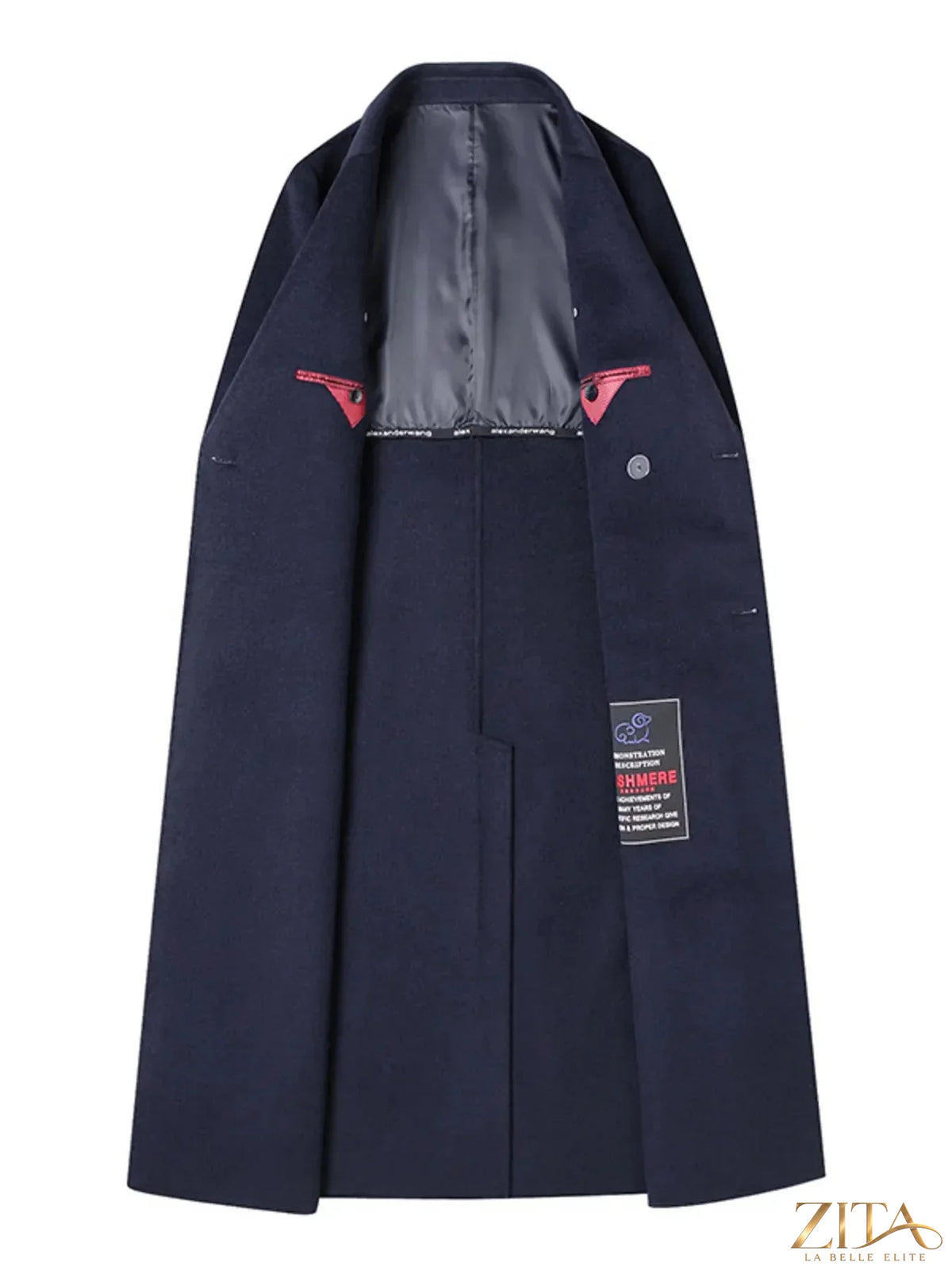 Men's plus size double-breasted long wool coat by Zita La Belle Elite, shown in dark gray with classic lapels and button details.