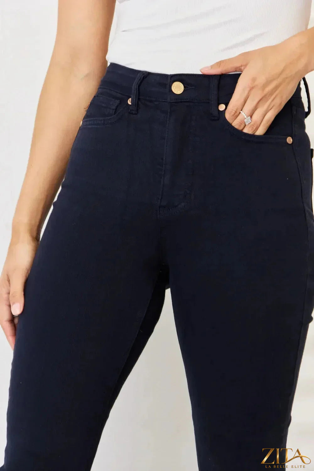 Zita La Belle Elite Judy Blue full size garment dyed tummy control skinny jeans displayed on a model, showcasing fit and denim texture