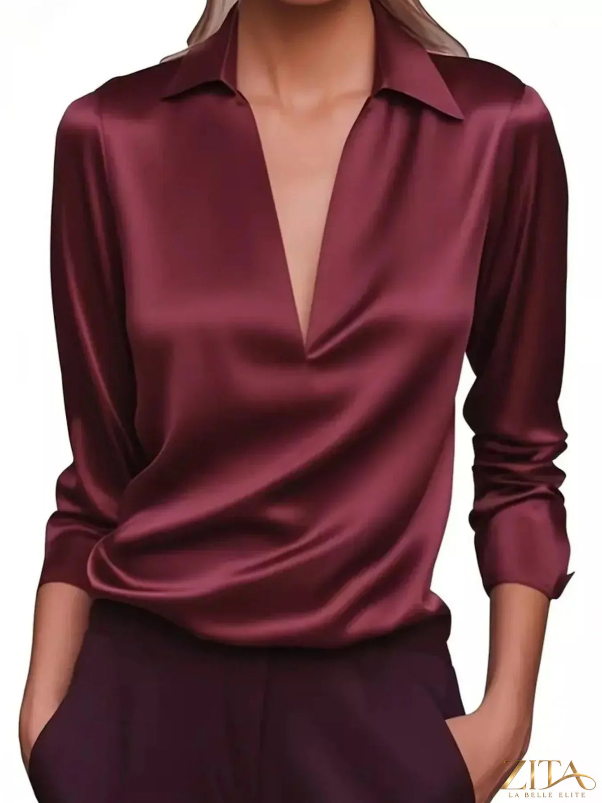 Zita La Belle Elite satin Johnny collar long sleeve blouse with button-up front and fitted design, in a sleek, shiny fabric.