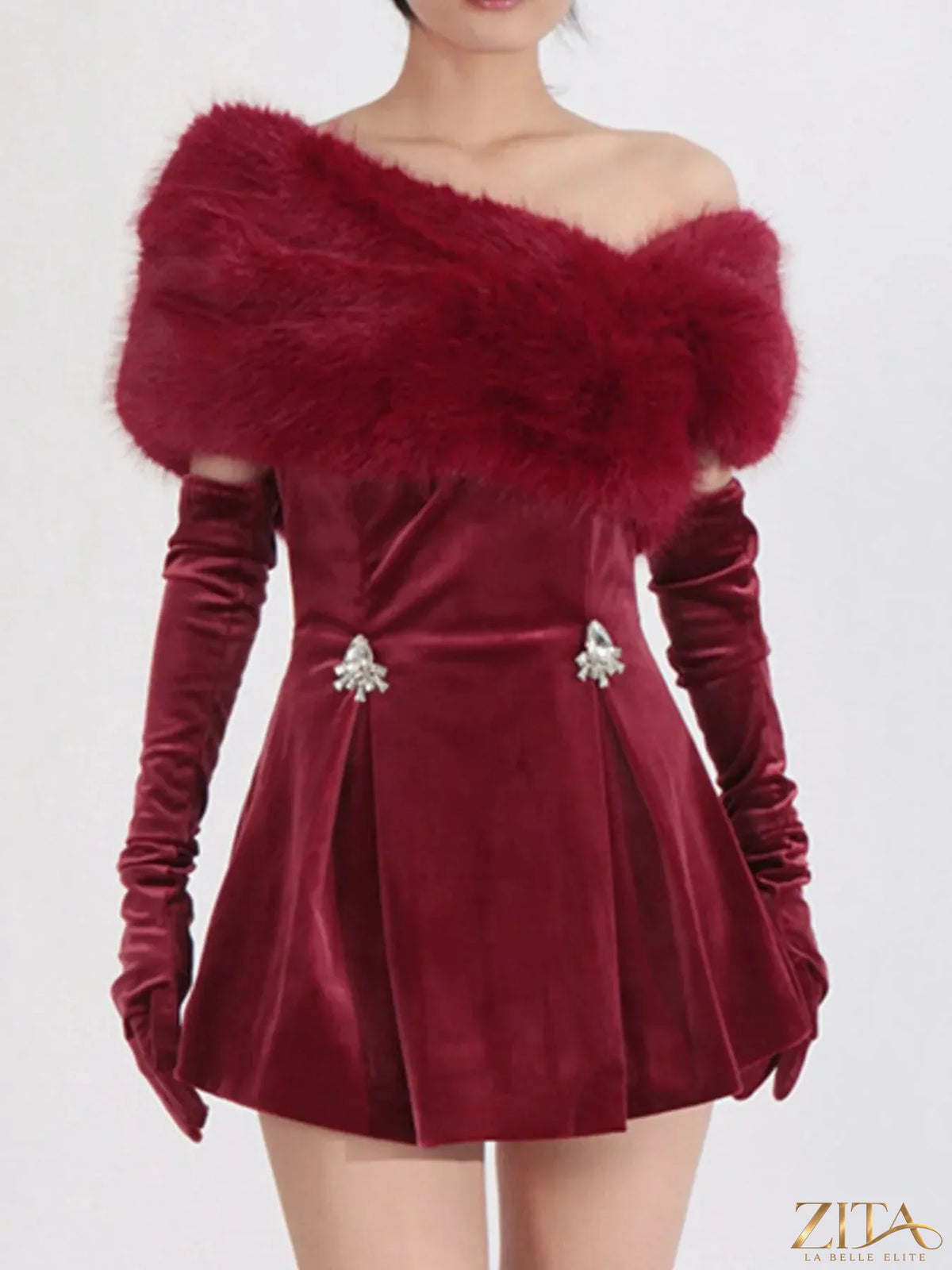 Fuzzy off-shoulder mini dress from Trendsi featuring a cozy, textured fabric and a stylish off-the-shoulder neckline.