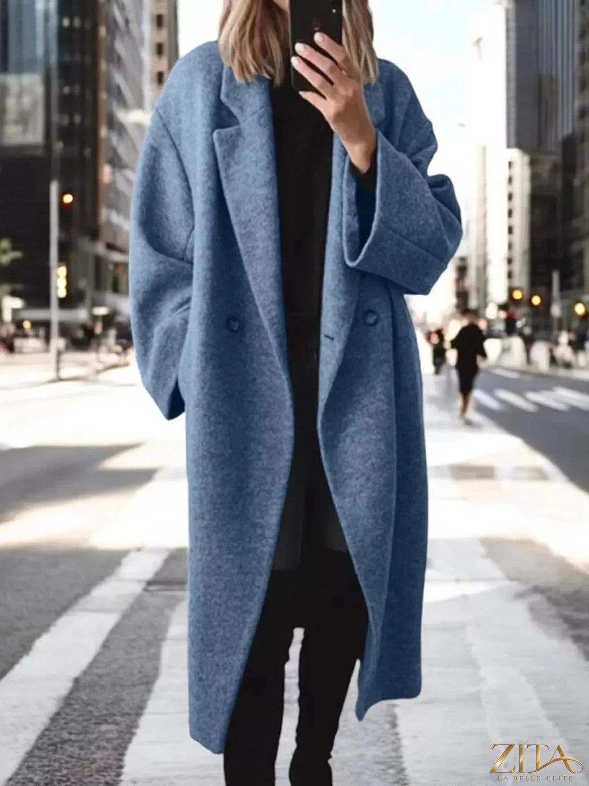 Plus size Zita La Belle Elite wool blend longline coat with lapel collar, full size, stylish and warm for cold weather.